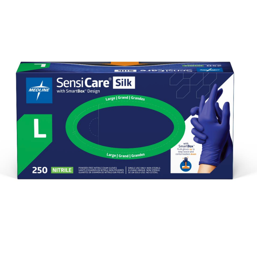 A box of Medline SensiCare Silk Nitrile Exam Gloves with SmartBoX Design, size large, in green, blue, and white packaging shows a gloved hand and contains 250 gloves renowned for tactile sensitivity.